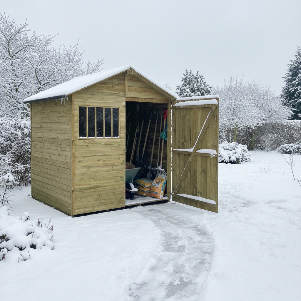 Domek narzędziowy zimą